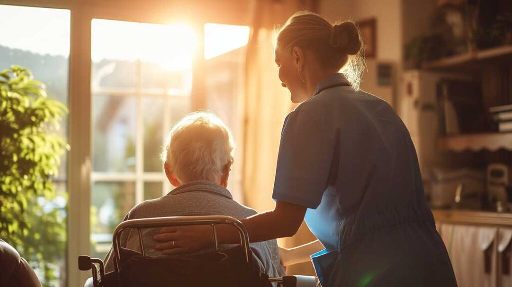 A caregiver walking alongside an elderly resident in a hallway, both smiling and engaged in conversation.