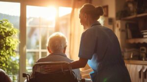 A caregiver walking alongside an elderly resident in a hallway, both smiling and engaged in conversation.